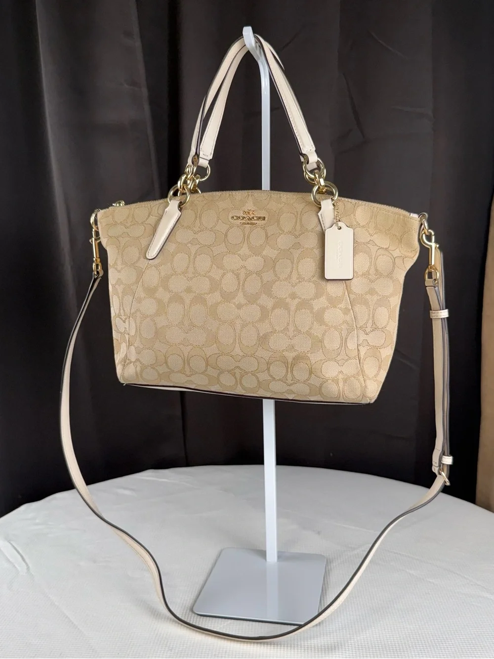 Coach Beige Signature Canvas Satchel with Cream Trim